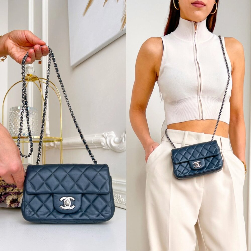 Authentic Chanel Dark Gray Lambskin Crossbody Bag Purse B0910 trdst2016-010526